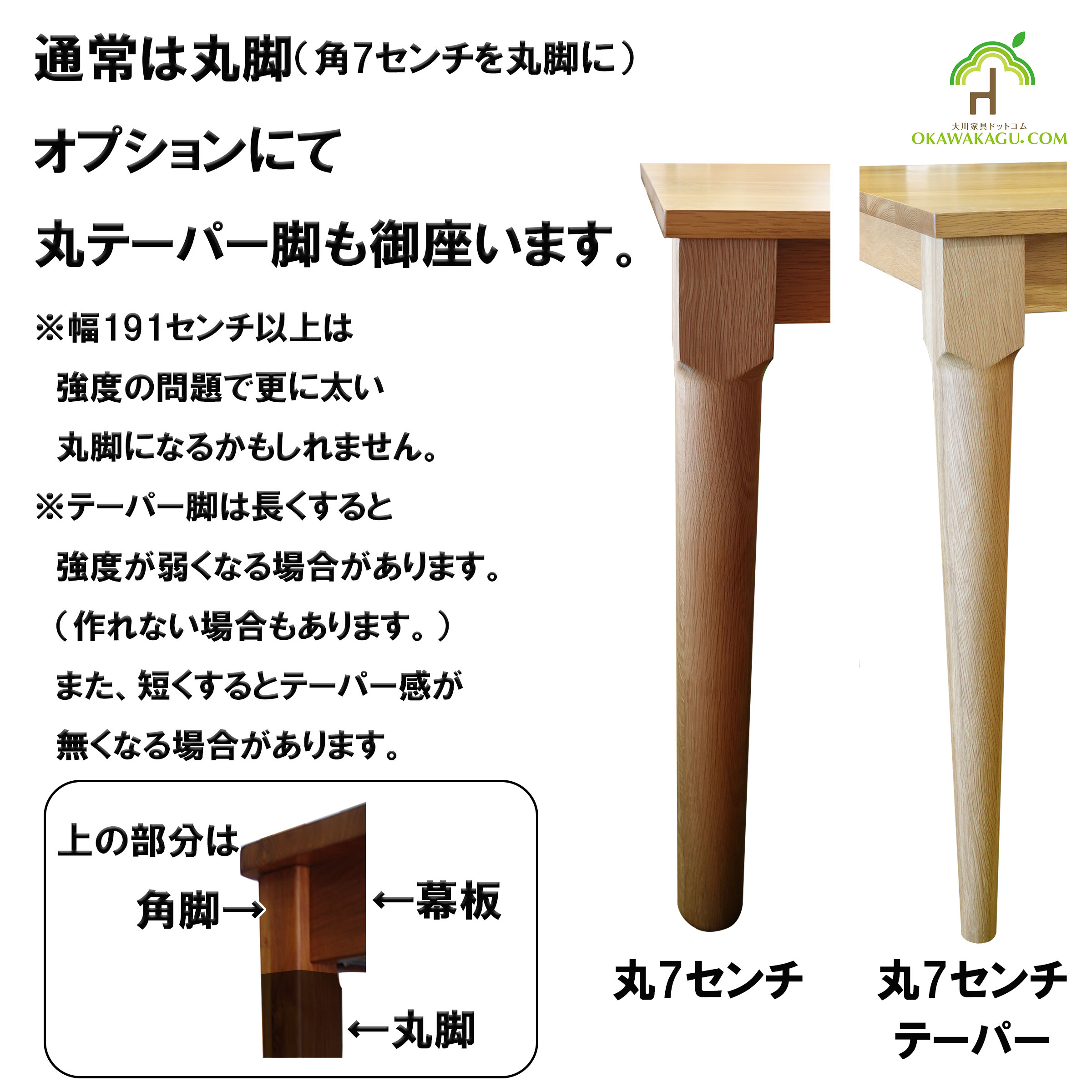 RTウォールナットダイニングテーブルは、丸脚(丸テーパー)は一番太い部分が7センチ脚です。