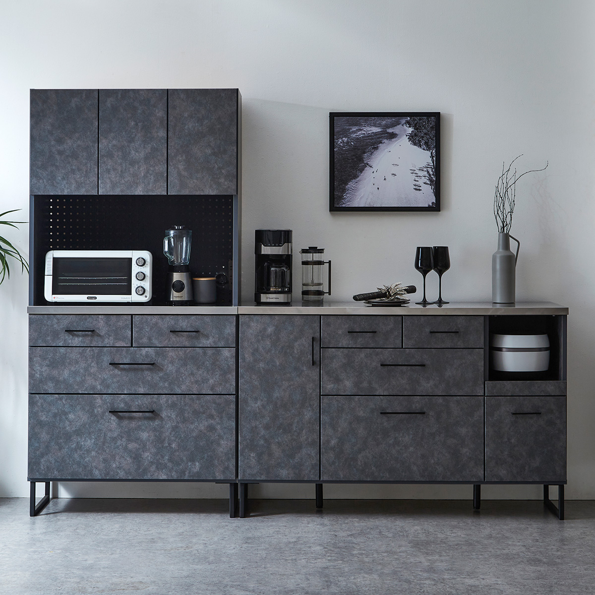 【奥行43 高さ182.5】ステンレス天板キッチン収納230ｃｍ幅(90㎝と140㎝の組み合わせ)グレースタイル