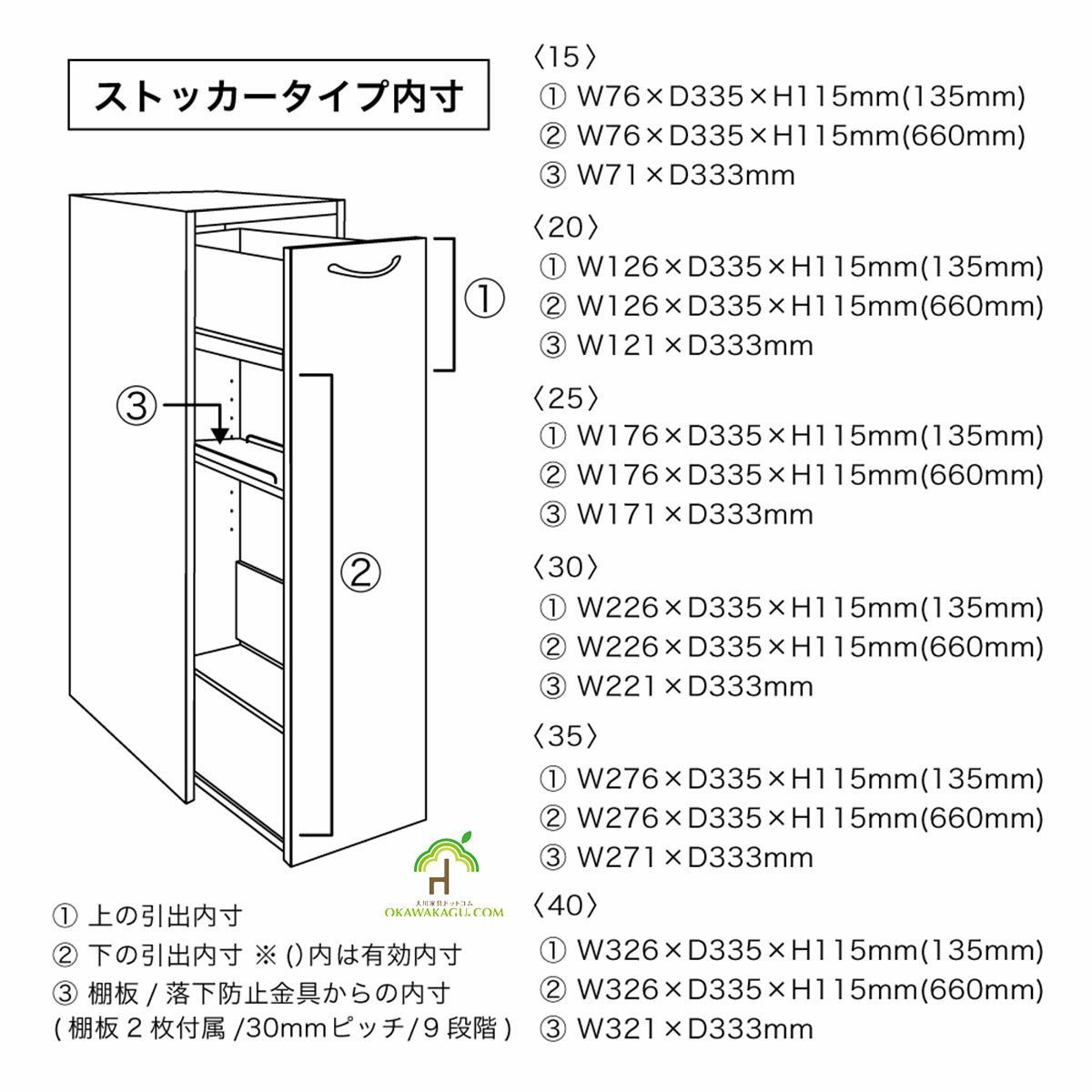 チェイス 隙間収納（組み合わせ自由）幅15センチ、幅20センチ、幅25センチ、幅30センチ、幅35センチ、幅40センチは、ストッカーは下段のみでご使用かのうです。